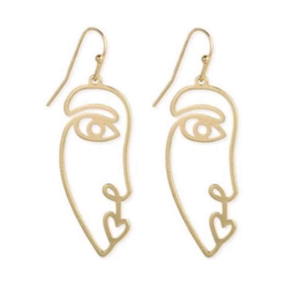 Abstract Kiss Face Gold Dangle Earrings - Picture 3 of 5